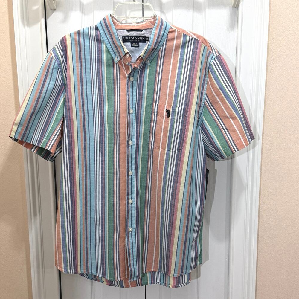 US Polo Assn men's XL short-
slv button-down multicolor stripe embroidered logo
